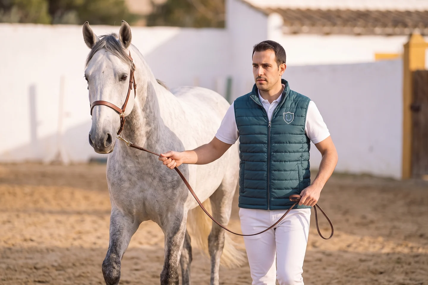 Presentador con polo blanco, chaleco de la casa y pantalón blanco llevando un caballo del ramal al trote